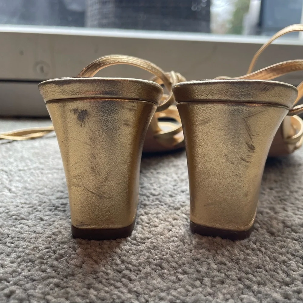 Loeffler Randall Metallic Gold Strappy Block Heel Sandals